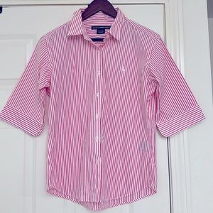 Ralph Lauren Sport Size 14 Button Pink Stripe Collar Elbow Length Sleeves Cotton